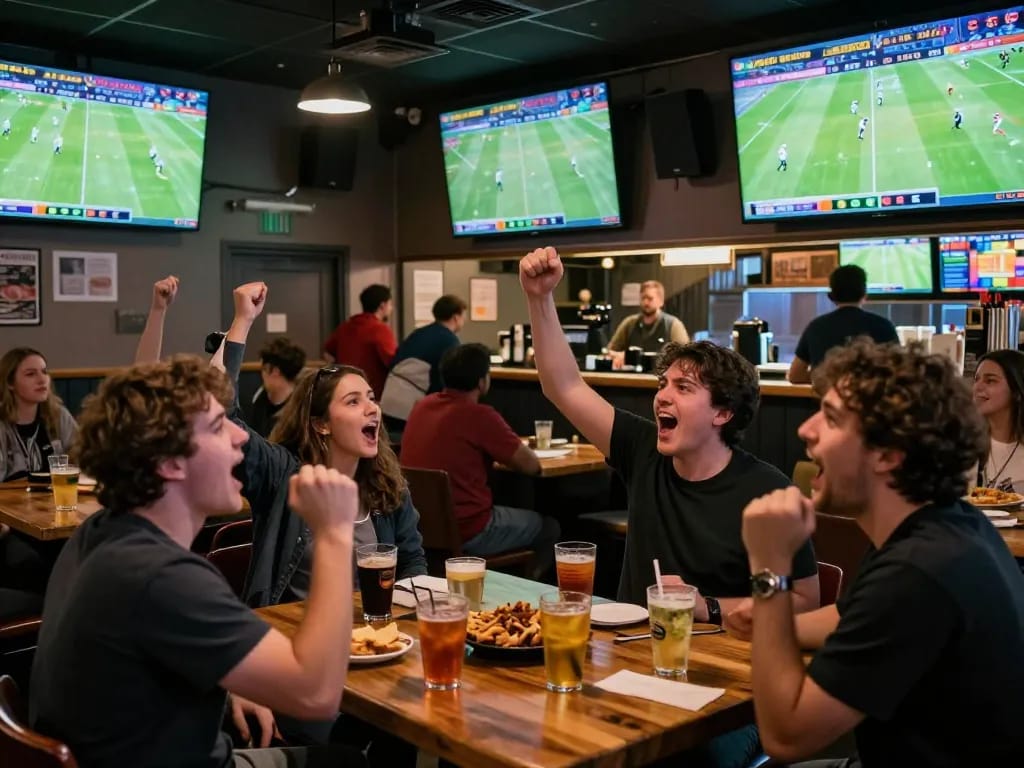 Fans engrossed in sports betting and watching live football at a bar, showcasing nowgoal livescore excitement in action.