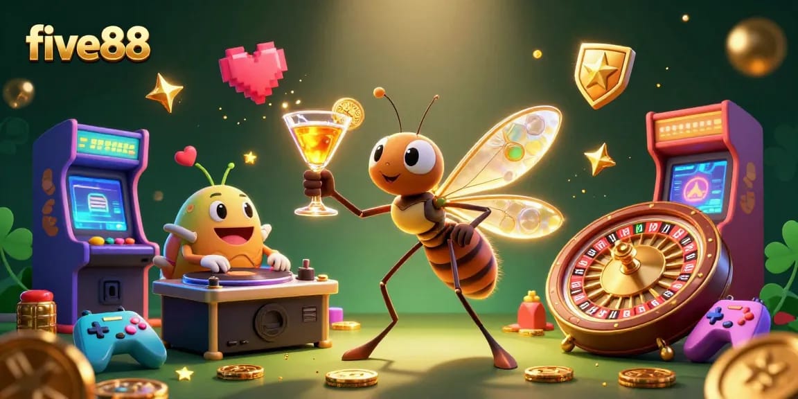 Get ready to win big at five88 with a lively 3D casino scene featuring unique characters and playful elements.