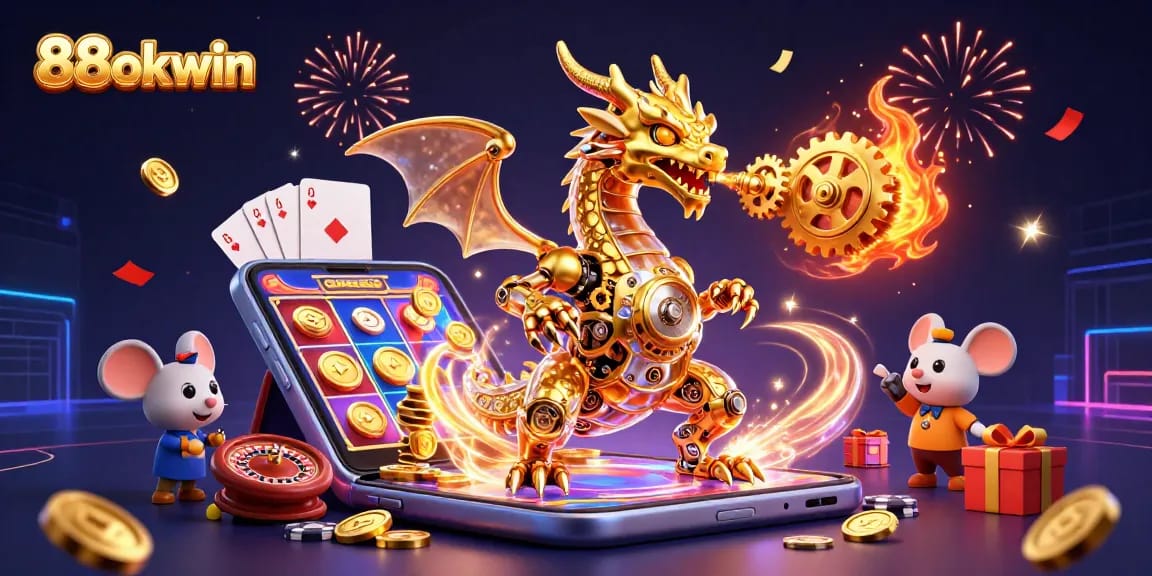 Experience thrilling gaming adventures with 88okwin and a biomechanical dragon breathing gears.