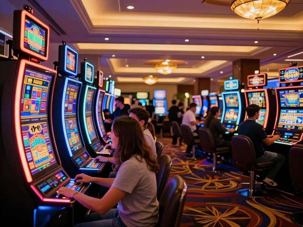 Experience slot gacor excitement with players celebrating wins on vibrant casino slot machines.