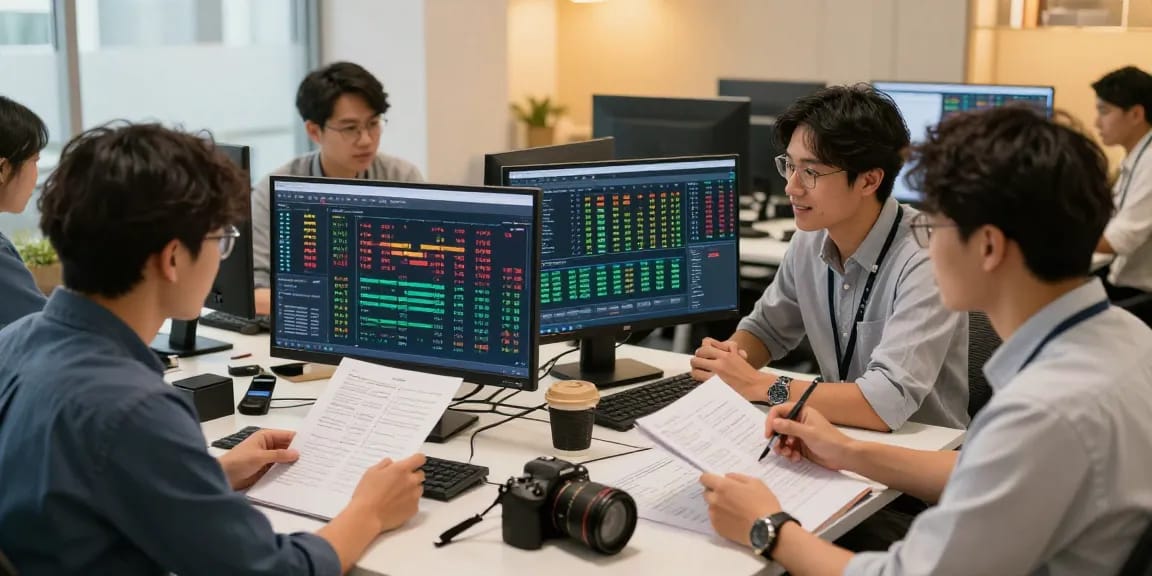 Analisis syair menang di kantor modern, tim ahli bekerja sama menganalisis data.