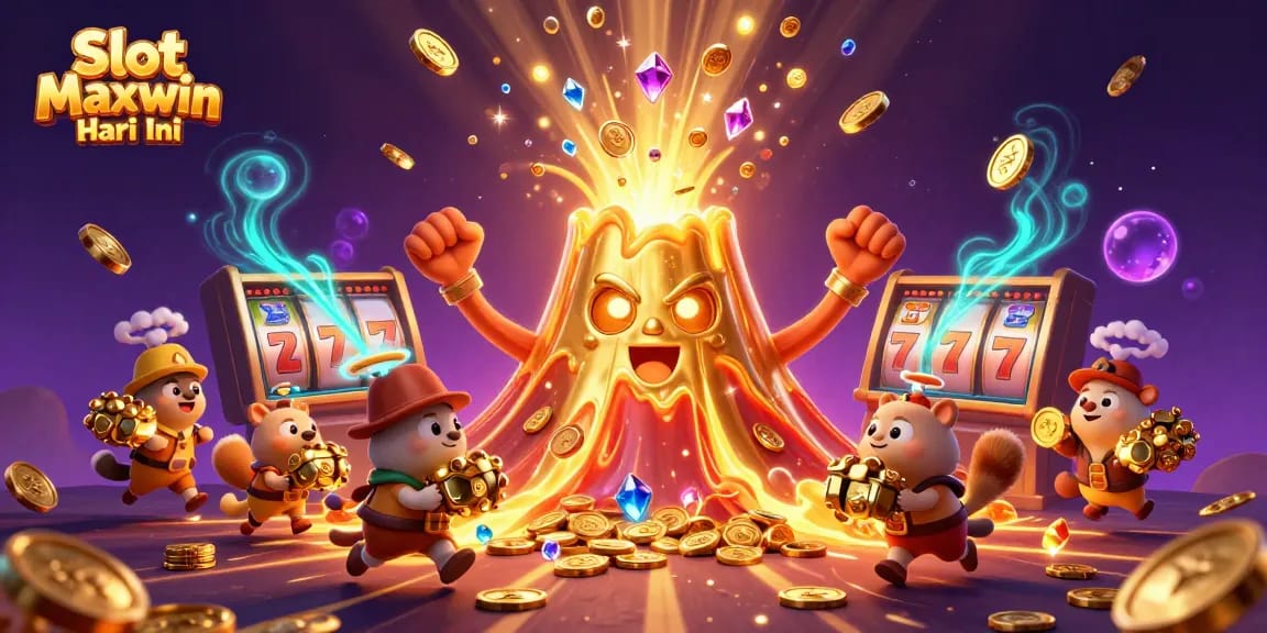 Experience Slot Maxwin Hari Ini with a vibrant scene of treasure eruptions and dynamic casino elements.