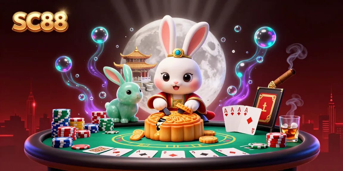 Experience thrilling gaming with SC88's vibrant casino scene featuring poker elements and a lively moon rabbit theme.
