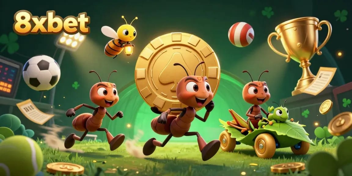 8xbet gaming scene of ants on a heist, delivering massive poker chip surrounded by sports action.