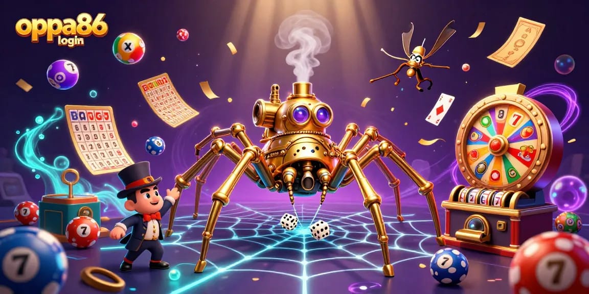 Engage with the oppa86 login scene featuring a golden spider and lively lottery elements for an immersive gambling experience.