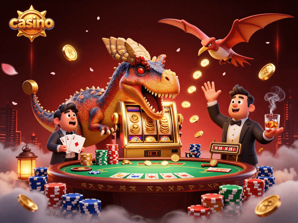 Casino chaos with a dinosaur headbutting a slot machine for jackpot coins amidst swirling poker action.