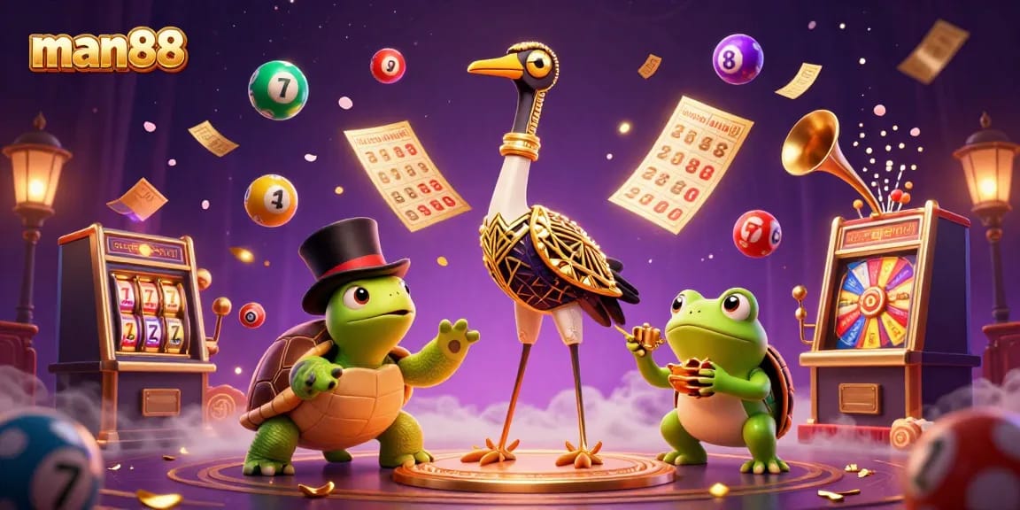 Experience fun at man88 with a vibrant 3D digital casino scene filled with lottery elements.