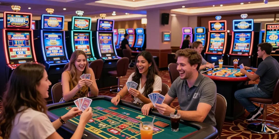 Group of friends enjoying their time at a credit card casino with vibrant slot machines, showcasing excitement to deposit at https://lctltd.co.uk.