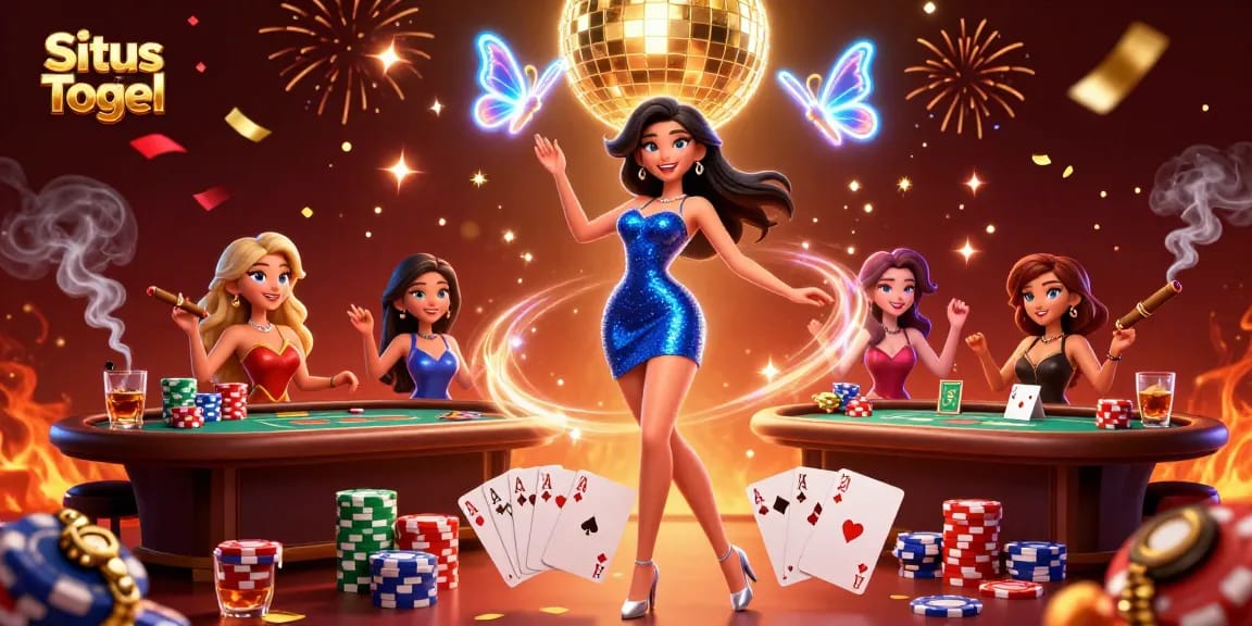 Experience exhilarating games at Situs Togel with vibrant casino lights and dynamic poker elements.
