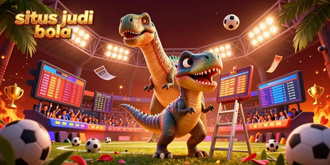 Situs judi bola scene showcasing a brontosaurus with a clever raptor, emphasizing sports betting excitement.