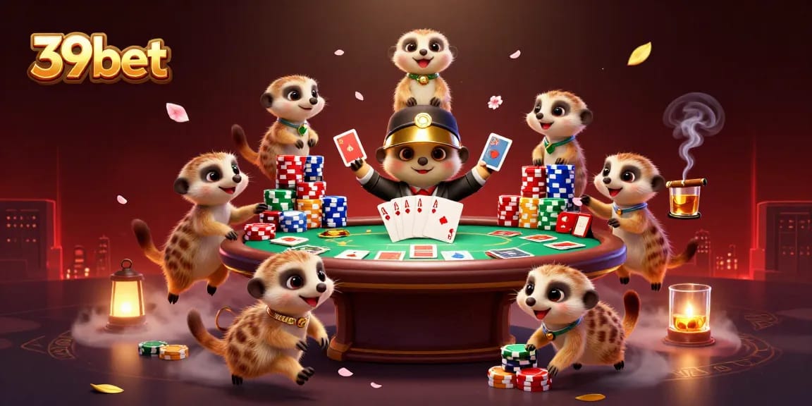 39bet meerkats engaging in a lively casino scene filled with poker chips and vibrant game elements.