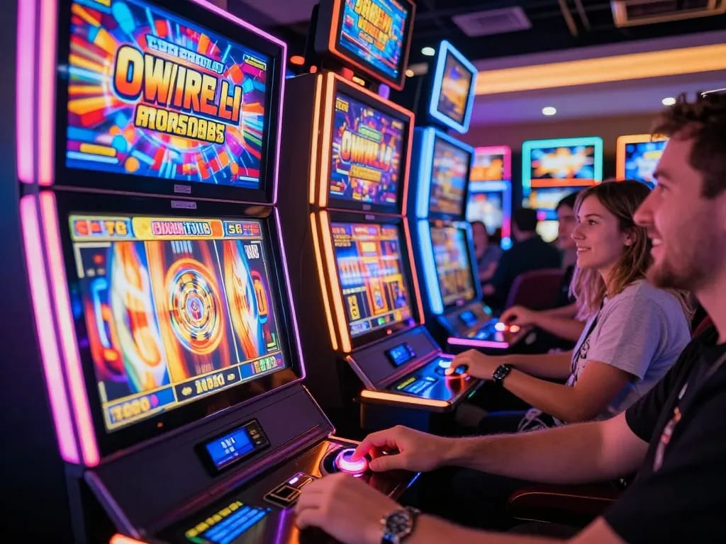 Iwin players enjoying vibrant slot machines at a bustling casino with dynamic gameplay.