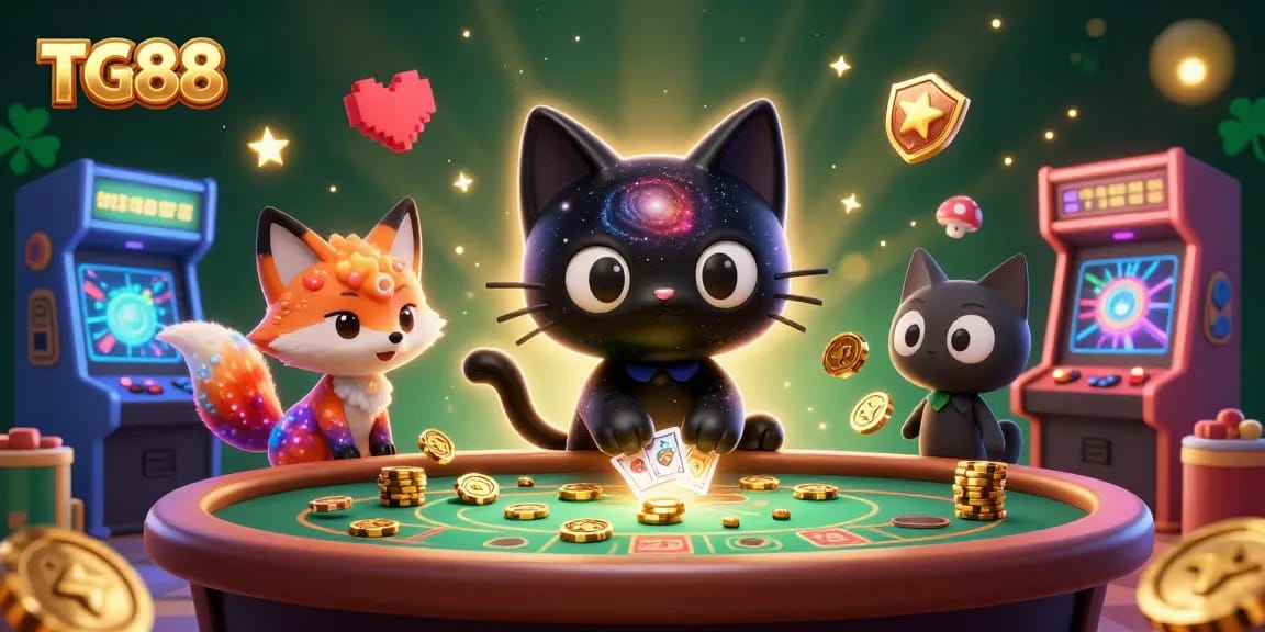 Experience the vibrant action at TG88 with a cosmic casino scene where a black hole cat attracts chips and cards.