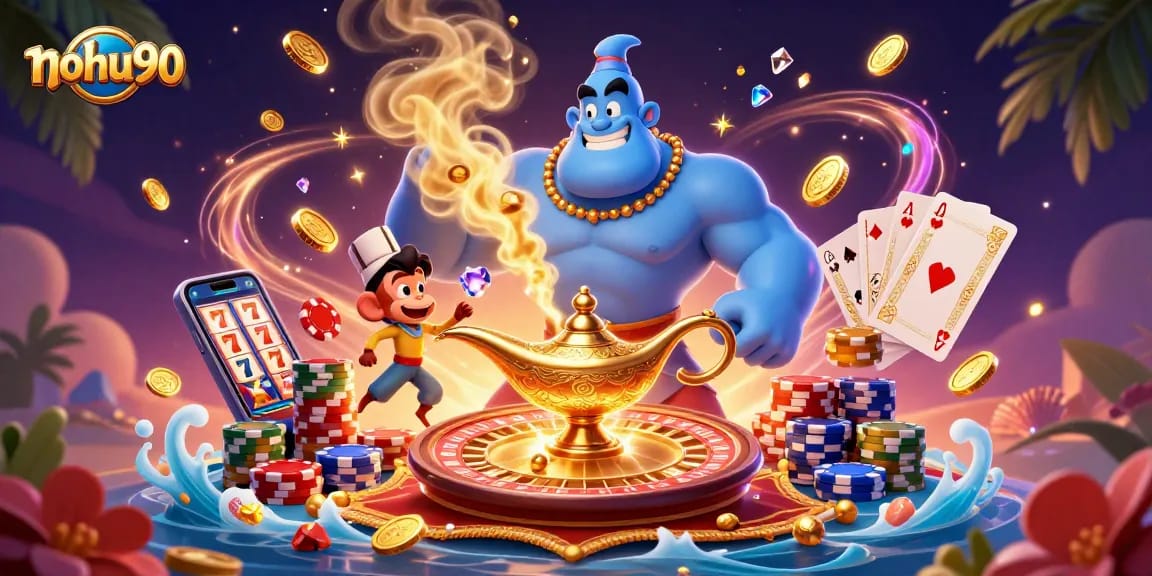 Nohu90's vibrant casino scene showcases a genie, monkey, and magic elements, engaging players with captivating gaming.