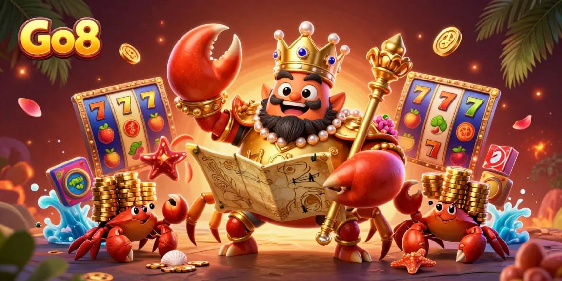 Engage with thrilling Go8 casino action featuring a golden crab emperor amidst vibrant slot gaming elements.