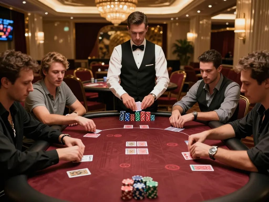 Experience an engaging poker game at LC88 win, showcasing players and dealer in action.