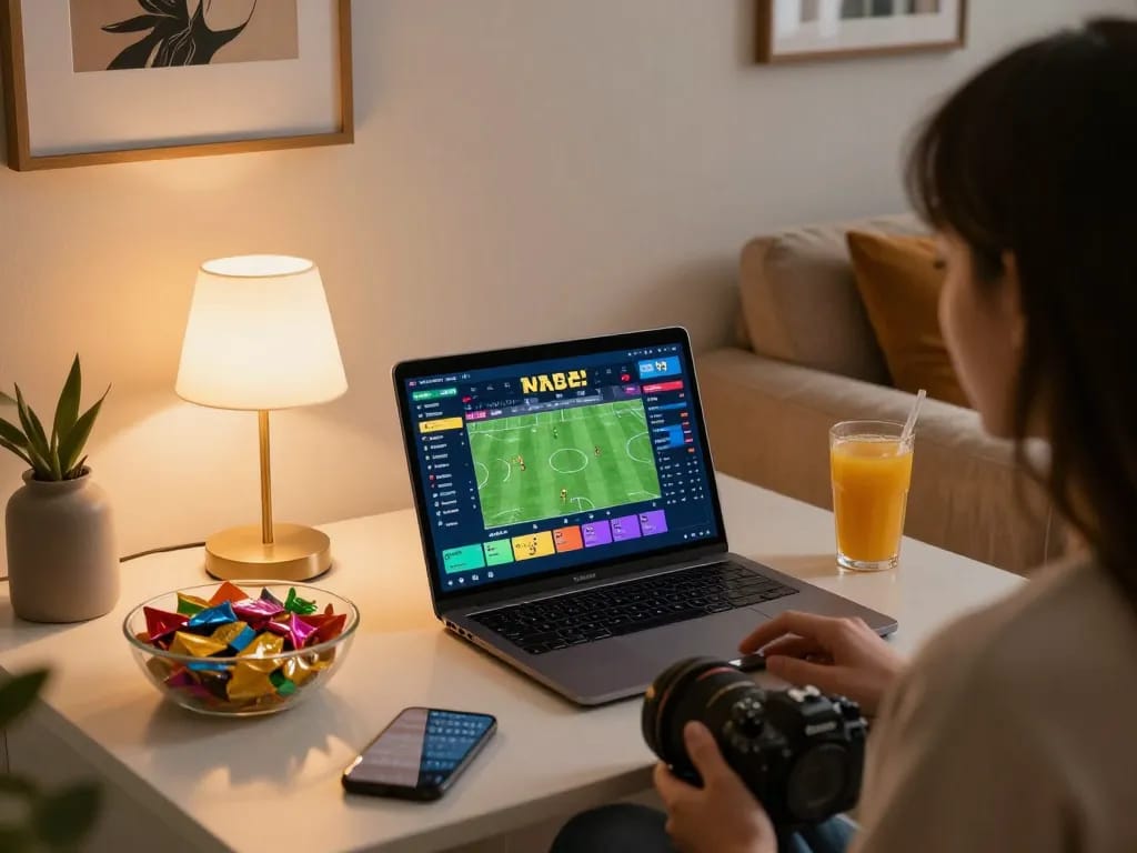 Enjoying online betting at trang chủ GA6789 with laptop displaying betting odds and cozy home atmosphere