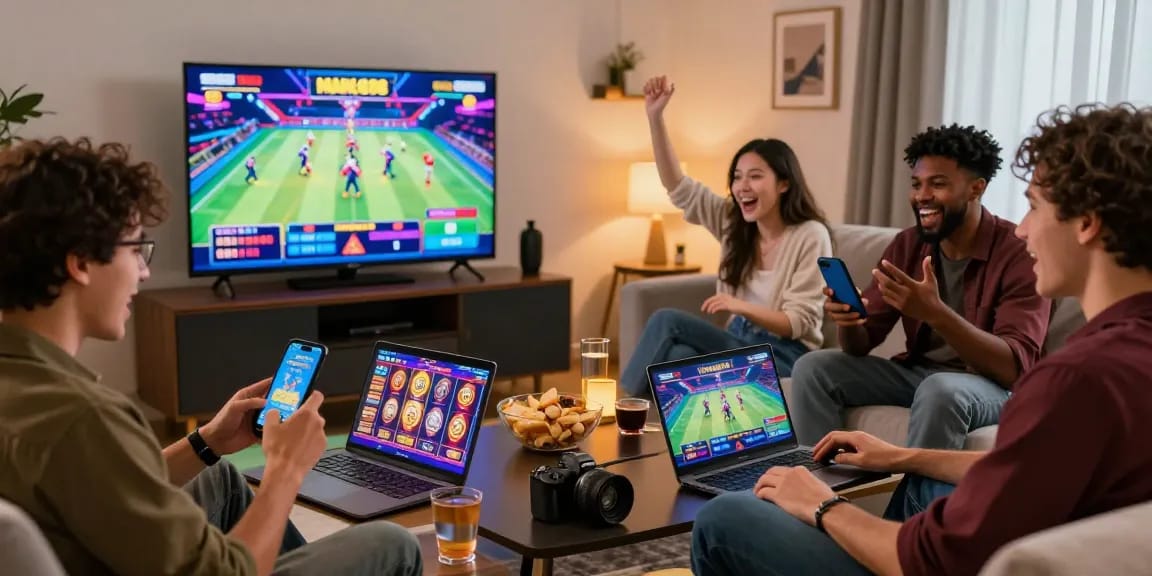 Exciting group gaming session on slot88 in stylish living room.