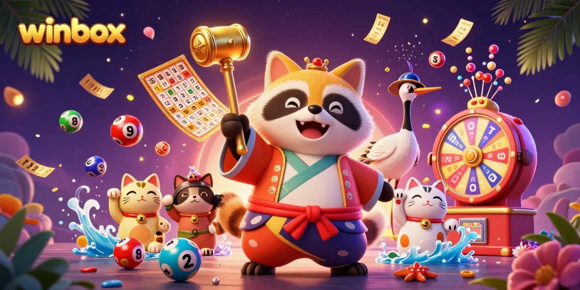Winbox game illustration showing a cheerful tanuki and colorful lottery elements creating an exciting atmosphere.