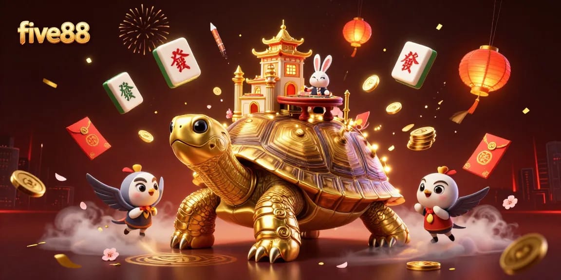Engage with five88's vibrant 3D casino scene featuring a golden tortoise and a rabbit dealer.