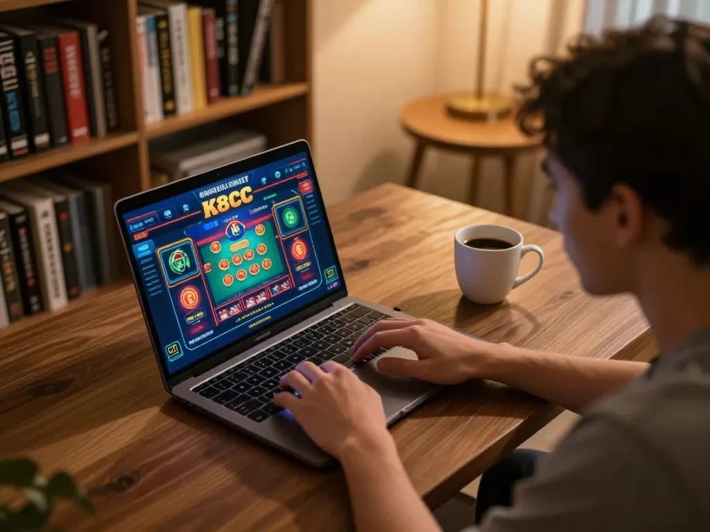 Player enjoys a K8CC online gambling experience with a laptop and strategy notes.