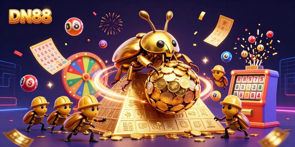 Experience thrilling gameplay at DN88 with golden beetles rolling coins amidst vibrant casino symbols and dynamic game elements.