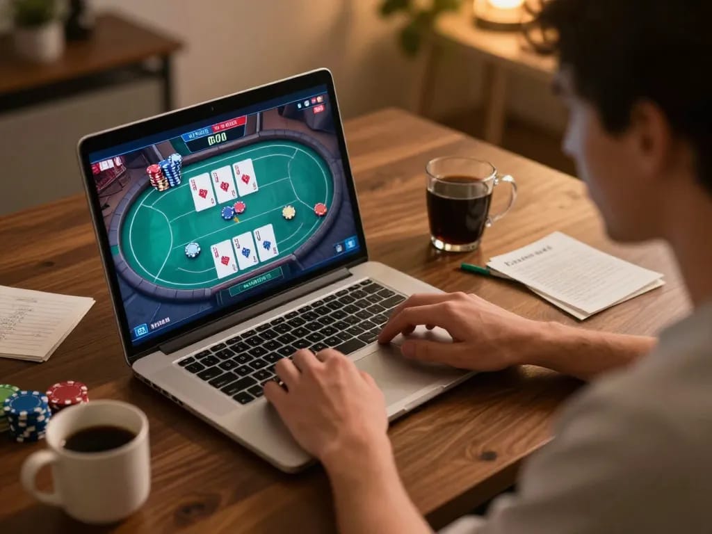 Player strategizing in online casino game, nk 88 chips and cards visible in dynamic home gaming scene