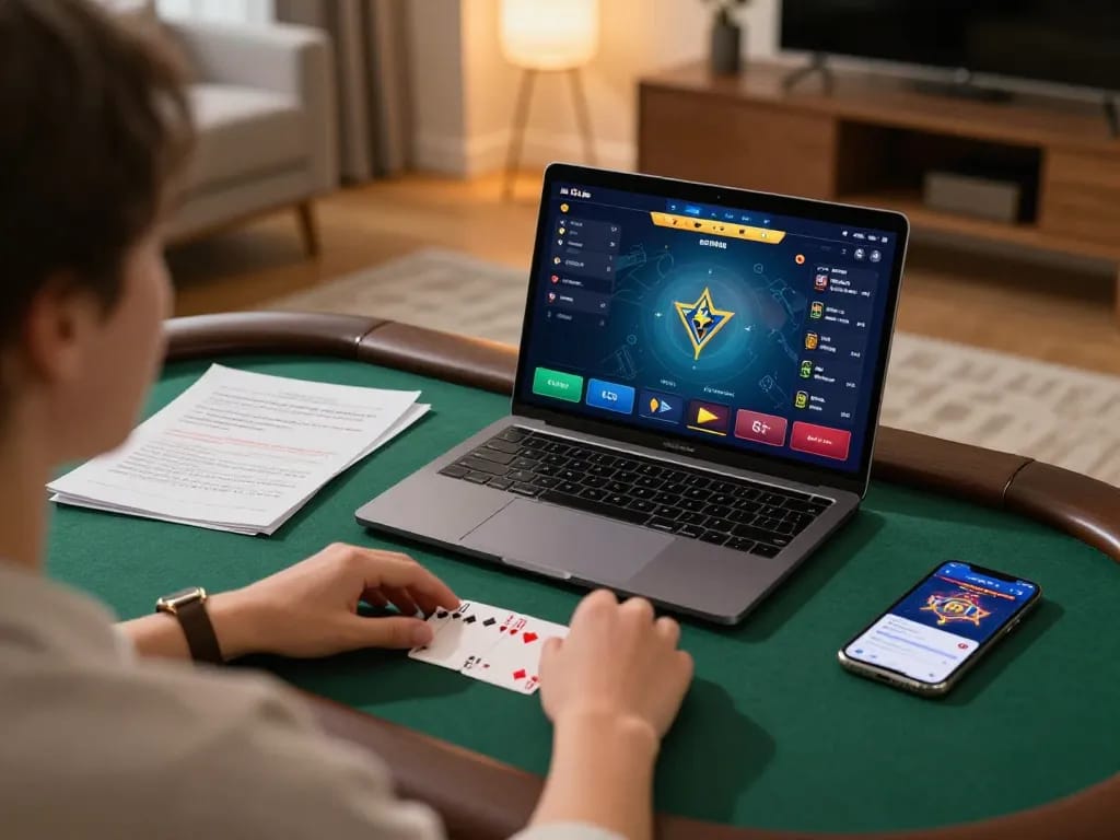 Engaged player enjoying poker on jogoluck platform at home with strategy notes nearby.