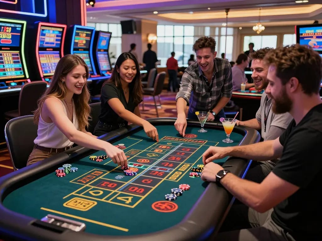 Exciting gambling scene at a modern casino featuring 399W players gathered at a roulette table.