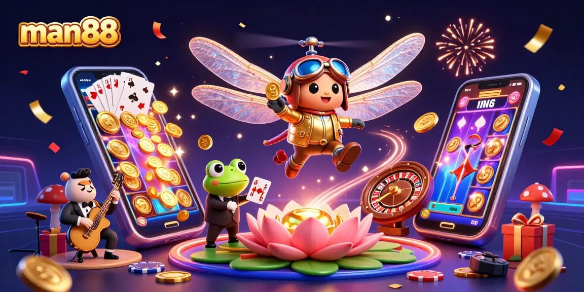 Experience immersive gaming action with man88 in a vibrant 3D casino illustration featuring dynamic characters.