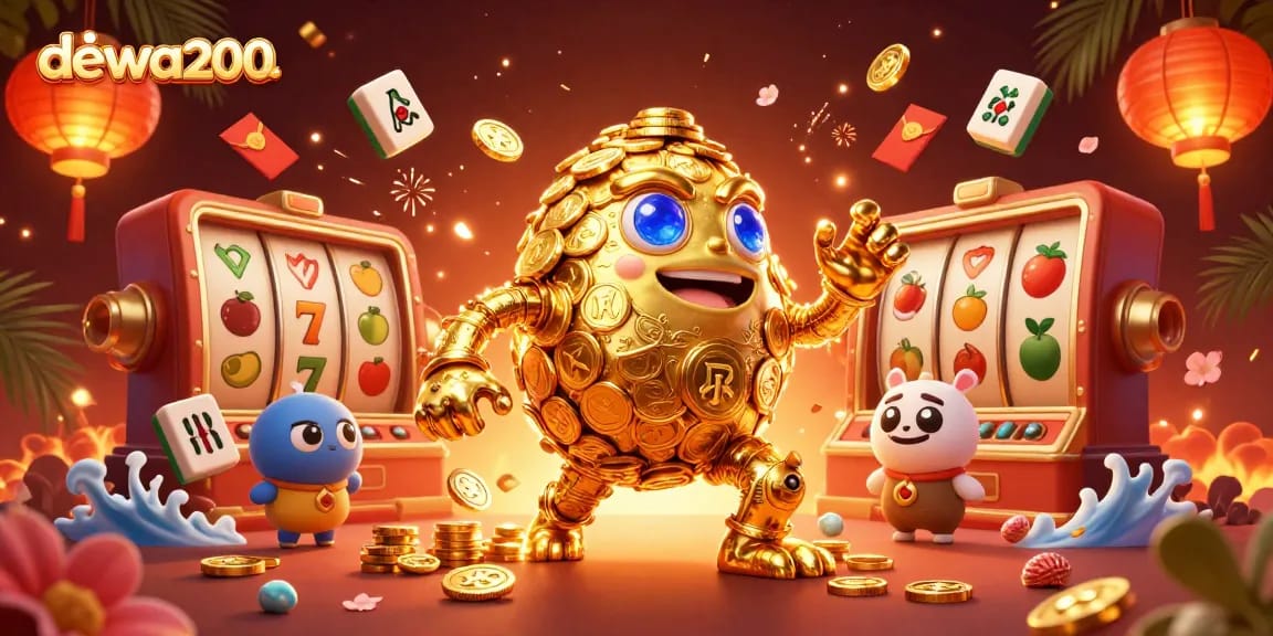 Menangkan peluang dengan dewa200 yang menampilkan golem emas dan simbol slot di kasino.