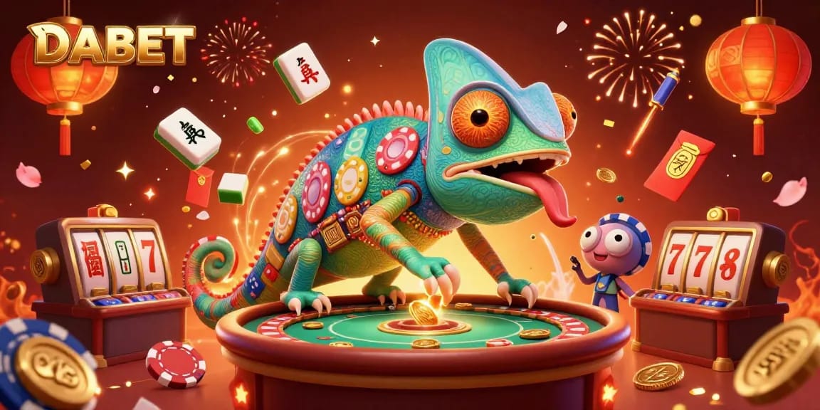 DABET offers a vibrant casino experience with a chameleon owner collecting prizes among colorful gaming elements.