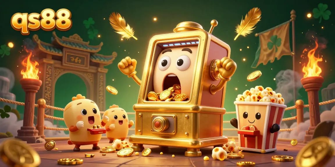 Experience the excitement of qs88 with golden slot machines celebrating a jackpot amidst vibrant casino elements.