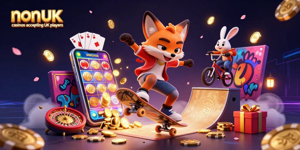 Experience excitement at non UK casinos accepting UK players with vibrant gaming characters and dynamic casino elements.