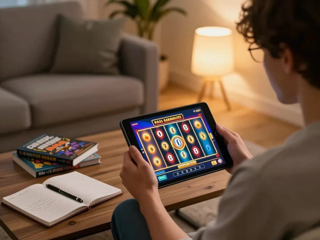 Engage with SlotsGG while playing vibrant online slot games in a cozy living room.