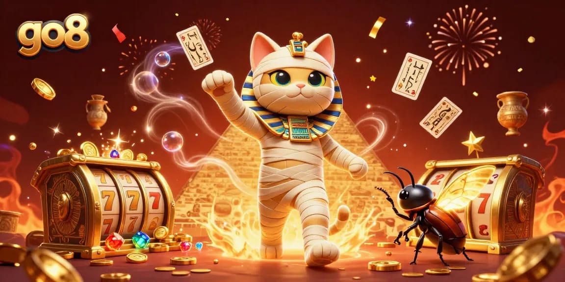 Engage in thrilling gameplay at go8, illustrated with a vibrant scene featuring an Egyptian mummy cat, treasure, and casino elements.