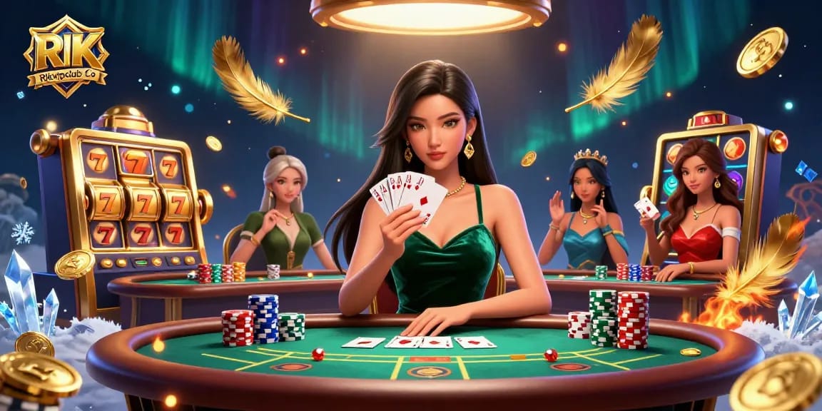 Play at Rikvipclub Co's poker table featuring a beautiful dealer surrounded by slot reels and golden coins.