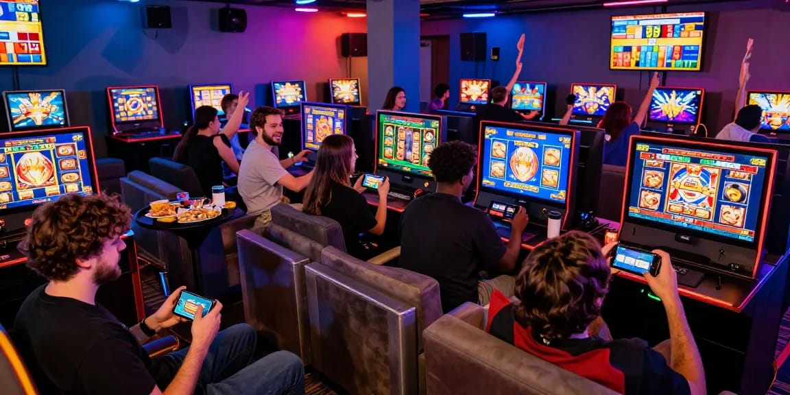 Players engaging with slot games on their devices at a vibrant gaming lounge celebrating ZEUS222.