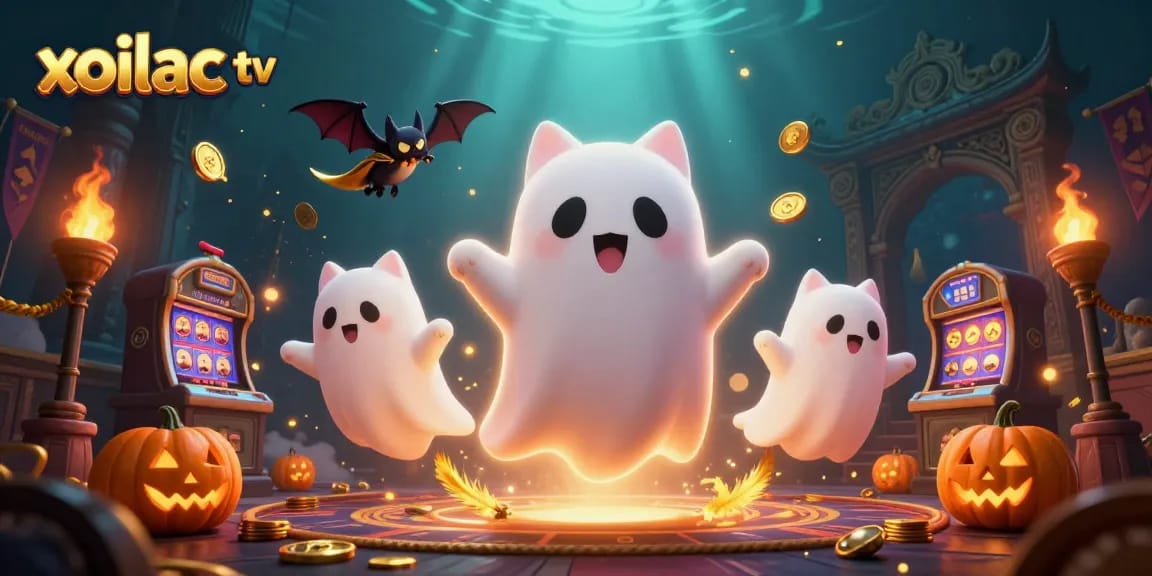 Xoilac TV features a friendly ghost cat player winning big with vibrant casino elements in an enchanting scene.