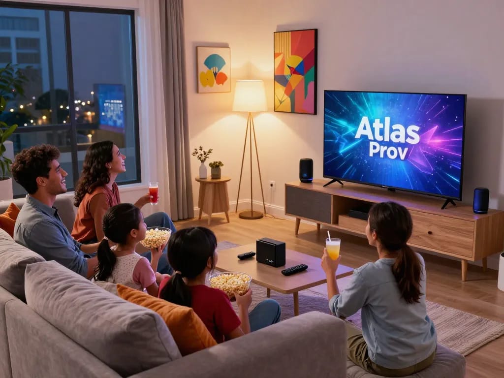 Famille profitant de la soirée cinéma Atlas Pro ONTV dans un salon confortable