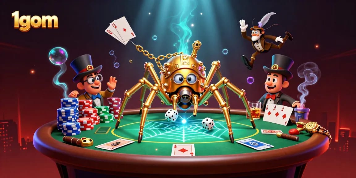 Engage with 1gom's dynamic gambling scene featuring a golden spider and poker elements