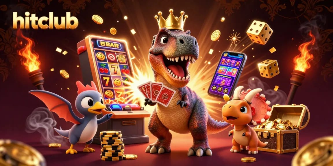 Experience the excitement of hitclub with a vibrant 3D casino scene filled with animated characters, gold coins, and dynamic game elements.