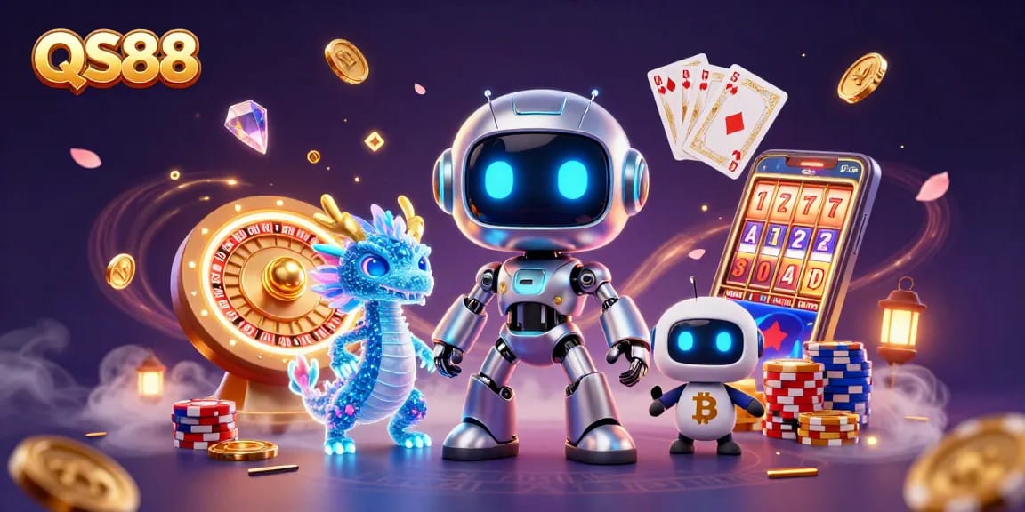 Engaging QS88 casino scene with a cyberpunk mascot and rich digital elements showcasing vibrant gameplay.