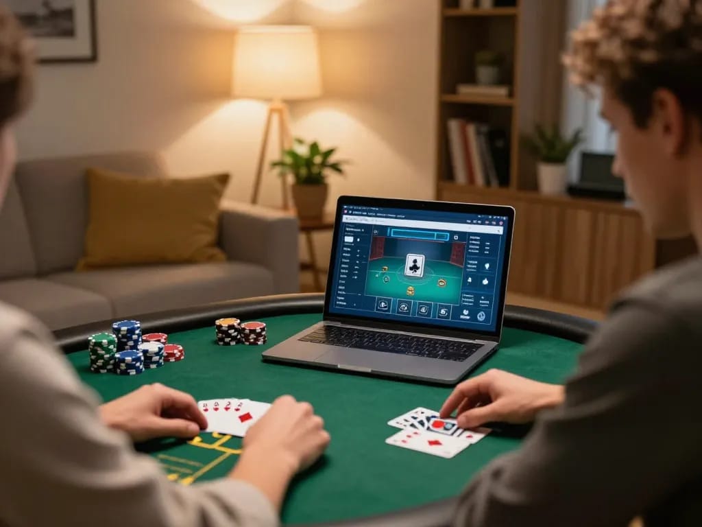 Playing online poker at home using kp88 com, focusing on strategy and enjoyment, surrounded by comfort.