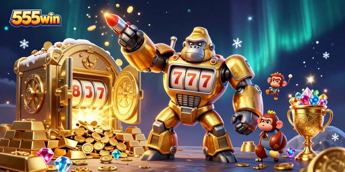 Engage with 555win's thrilling slot adventure featuring a transforming golden gorilla mech!