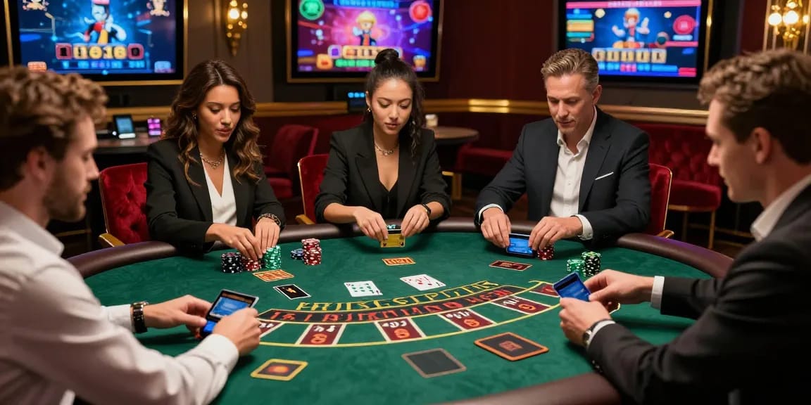 Engaged players enjoying credit card casinos at an upscale virtual table in a luxurious casino setting.
