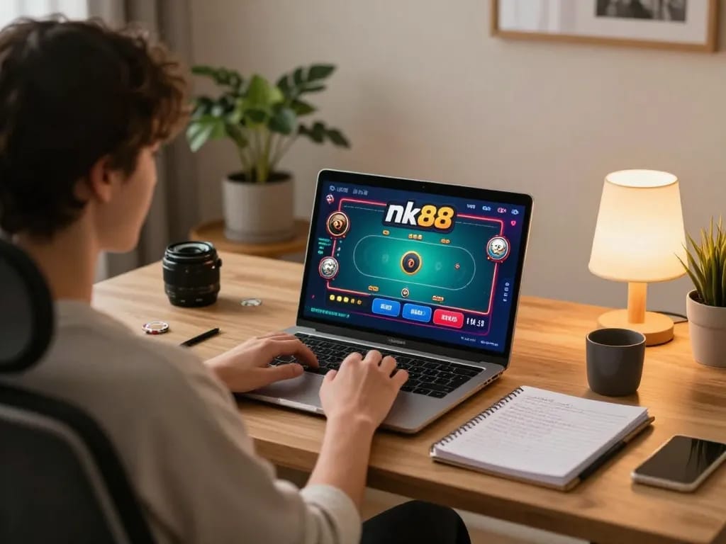 Player engaging with nk88 online poker game on laptop at home, showcasing strategic gameplay.
