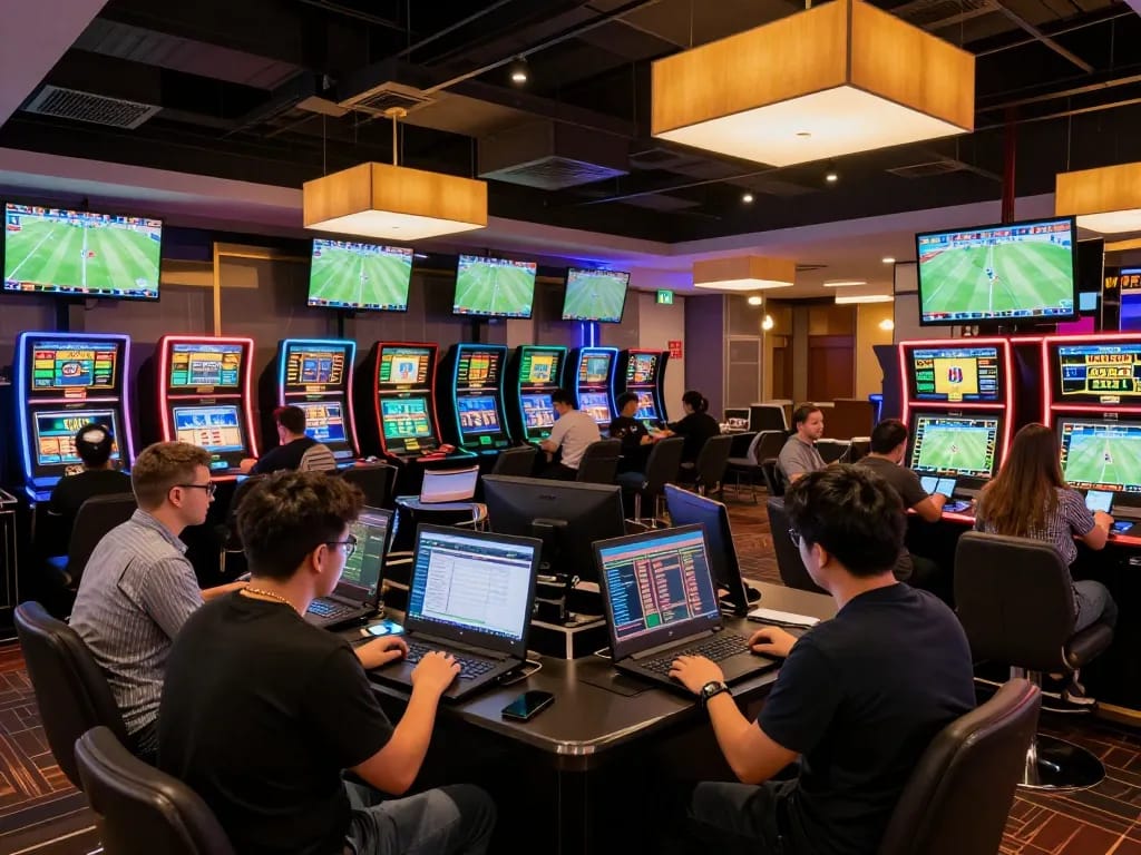 Engaged bettors analyzing keo nha cai 5 and live sports odds in modern casino.