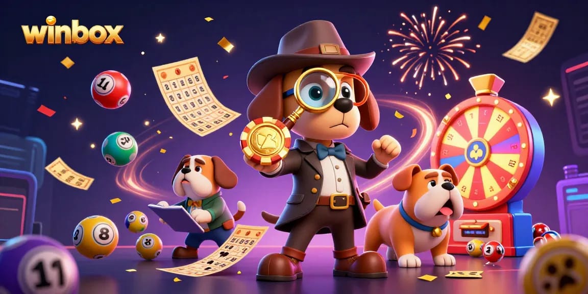 Winbox: A detective bloodhound investigates a golden poker chip amidst colorful lottery elements.