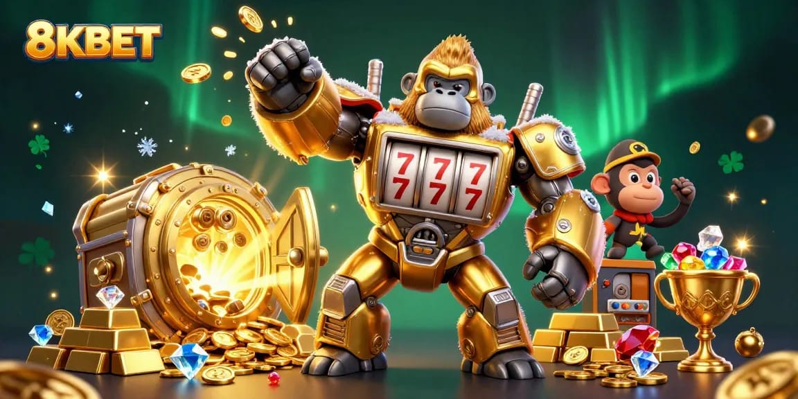 Engage in thrilling slots action at 8KBET with vibrant golden treasures and dynamic game elements.